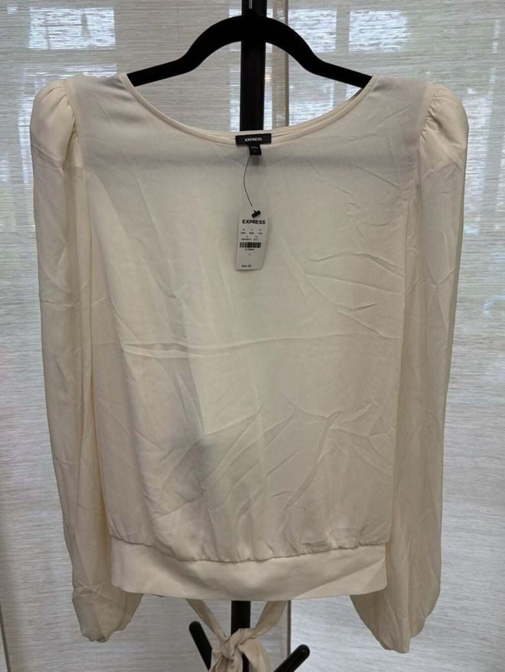 Express Ivory Puff Sleeve Tie Back Banded Hem Blouse